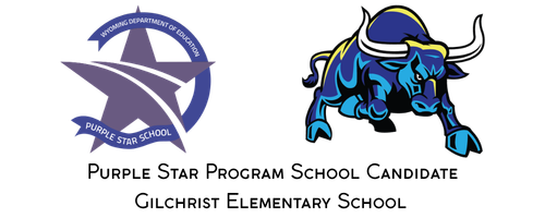 Purple Star Program School Candidate, Gilchrist Elementary School with WDE Purple star logo and Gilchrist longhorn mascot logo